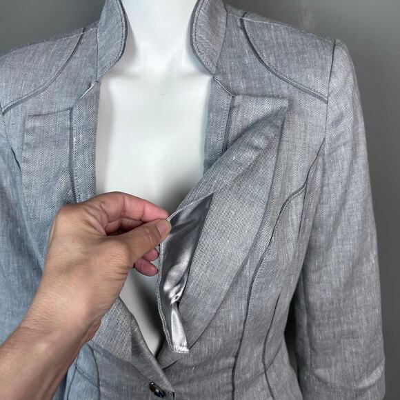 White House Black Market Blazer Jacket size 8 linen ruffle gray feminine office - Picture 3 of 11